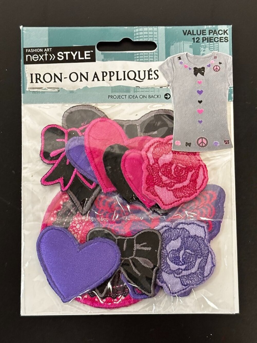 Adorable 12-piece embroidered patch set featuring a mix of hearts, bows, and ros